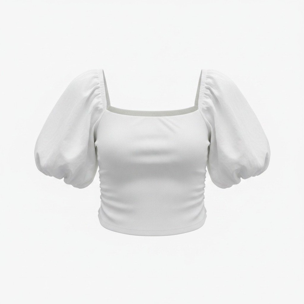Crop Top Zara Size S Womens White Puff Sleeve Ribbed Ruched Square Neck